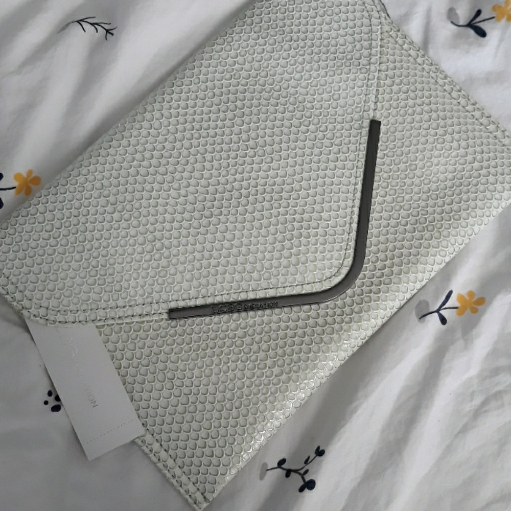 BCBGeneration Snakeskin Envelope Clutch in Frost